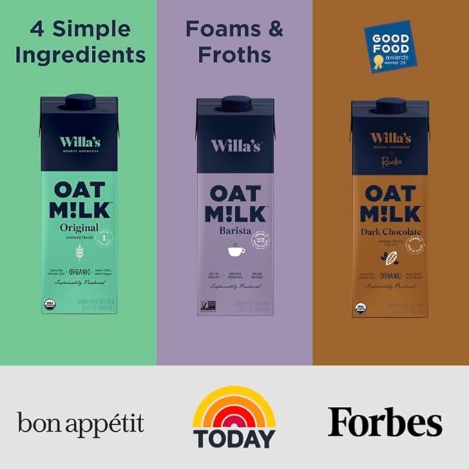 Willa's Organic Barista Oat Milk - Barista Blend Unsweetened Oatmilk and Creamer, Non-GMO, Shelf Stable, Low Sugar, Non-Dairy Milk, Made from Whole Grain Oats, For Foams and Froth, 32oz, Pack of 6