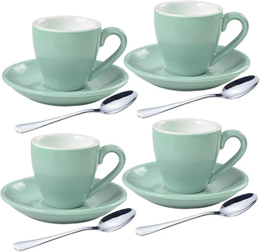 homEdge Porcelain Espresso Shot Cup Set with Saucers and Stainless Steel Spoons - 80 ml / 2.67 oz, Set of 4, Mint Green
