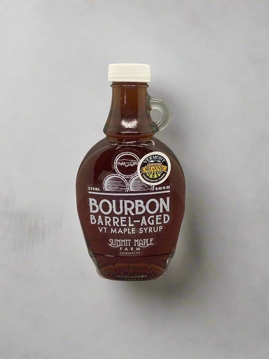 Summit Maple Farm Bourbon Barrel Aged Organic Maple Syrup, 8 oz glass bottle