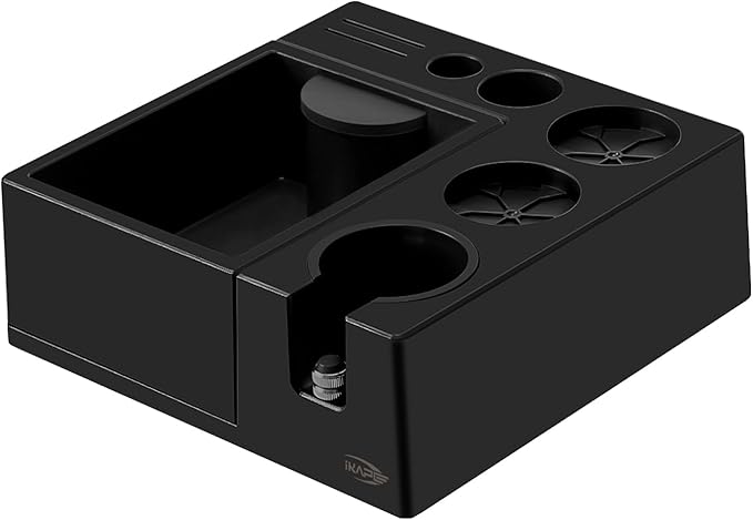 IKAPE Espresso Knock Box, Espresso Coffee Organizer Box Fit for Storage 51, 54, 58MM Espresso Tamper, Distributor, Portafilter & Puck Screen Accessories, Plastic Station Base(Black)