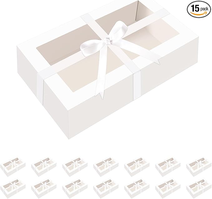 HAPPY POTATO 15 Pack Macaron Boxes with Clear Window and Ribbon, White, 7.2x4x1.9 Inches, Gift-Wrap Boxes for Weddings and Gifting