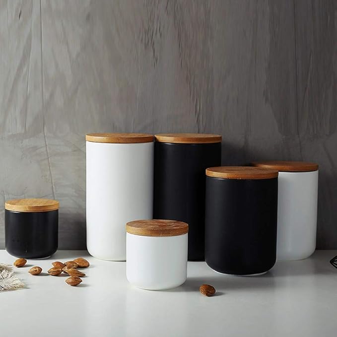 YYW Ceramics Food Storage Jar Canister with Airtight Seal Bamboo Lid, Simple Style Kitchen Canister for Food Storage, Store Coffee, Sugar, Tea, Spices and More (White (33.81oz/1000ml))