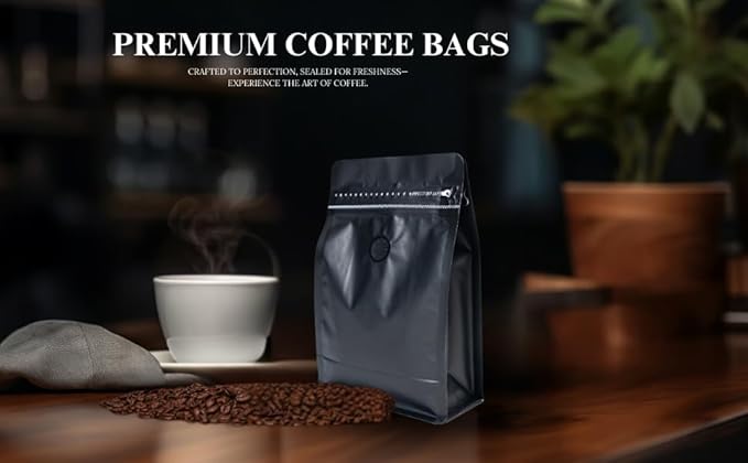 Premium Coffee Bags with Valve (100 pcs, 8 oz) Standing Coffee Beans Storage Bags, Reusable Heat Sealable Side Zipper Pouches, Eco-Friendly Packaging, Perfect for Home and Office - White