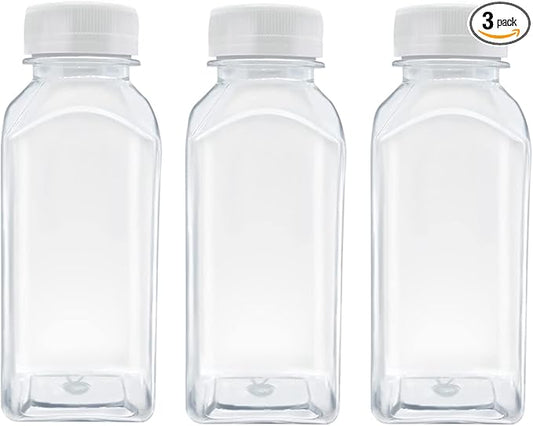 3 Pcs 8 Ounce Plastic Juice Bottles, Reusable Bulk Beverage Containers for Juice, Milk and Other Beverages, White lid