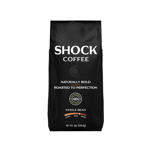 Shock Coffee Naturally Bold | Extra High Caffeine Strong Coffee | Medium Dark Roast Whole Bean | Premium Arabica | 8 ounce