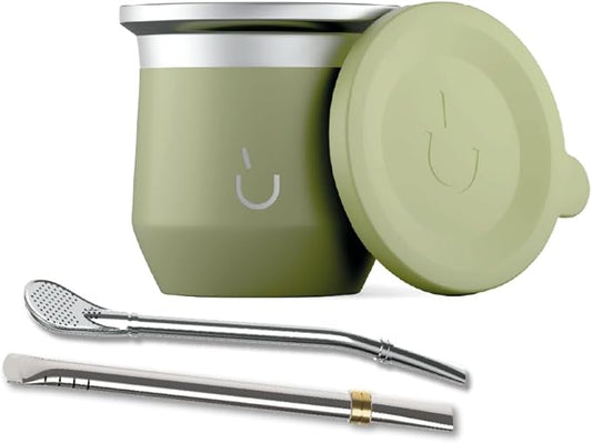 BALIBETOV Yerba Mate Cup – Vacuum Insulated Stainless Steel Gourd with Silicone Cover & Non-Slip Base – Includes 2 Bombillas & Cleaning Brush – Unique Design, Easy to Clean