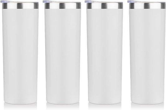 HASLE OUTFITTERS 20 oz Skinny Tumblers Bulk Set, Stainless Steel Insulated Slim Tumblers with Lids, Reusable Double Wall Travel Coffee Mugs, Durable Powder Coated Travel Water Cups(White, 4)