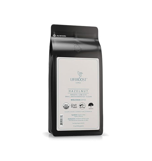 Lifeboost Hazelnut Whole Bean Coffee – Organic, Low Acid, Non-GMO Hazelnut Flavored Coffee – Single Origin, Mold-Free Mycotoxin Tested, 12 oz