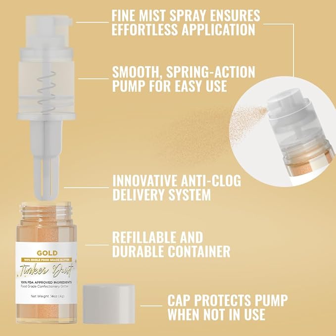 Bakell - Gold Tinker Dust (4g, 1x Mini Spray Pump) Edible Glitter for Food, Desserts, and Beverages!