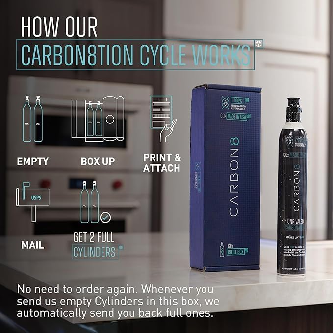 Carbon8 Sparkling Water Maker Machine, Home Soda Stream Machine, Screw-In CO2 Carbonator, Countertop Water Mineralizer, Seltzer Soda Maker Dispenser, CO2 Cylinder Included, Aluminum