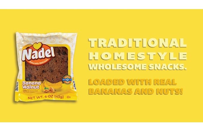 Nadel - Naturally Delicious Banana Nut bread, 16 Pack, Fresh Bananas, Crunchy Walnuts, Lunch snack breakfast bars Natural fresh brand, Cake Slices