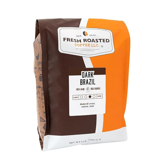 Fresh Roasted Coffee, Dark Brazil, 5 lb (80 oz), Med-Dark Roast, Kosher, Ground