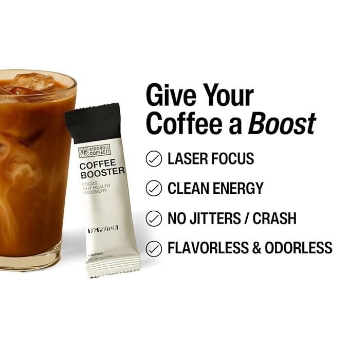 STRONG COFFEE COMPANY Coffee Booster – Collagen Coffee Protein Powder with NeuroFactor®, L-Theanine & Gut Health – 10g Protein, Electrolytes – Focus & Energy – 15 Packets