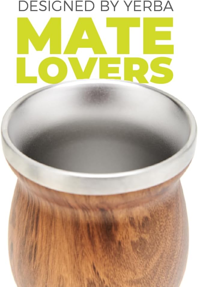 BALIBETOV Stainless Steel Double-Wall Mate Cup And Bombilla Set - Yerba Mate set Includes One Yerba Mate Cup, 2 Bombillas Mate (Straw) & Brush - Easy to Clean (Wood)