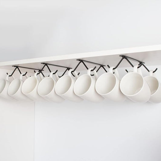 Cabinet Hook Mug Holder - Hanging Coffee Cup Rack for Kitchen, Under Cabinets Metal Hangers Organizer Shelf Storage Utensil (Black)
