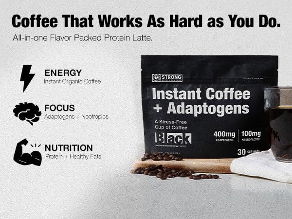 STRONG COFFEE COMPANY, ORGANIC INSTANT BLACK COFFEE – Individual Servings, Extreme Focus, Adaptogen with L-Theanine & Ashwagandha, No Jitters, No Crash (10 Packets)