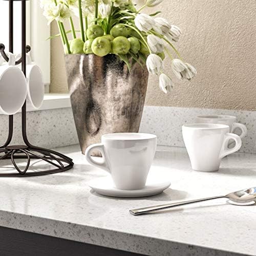 CUISINOX Italian Classic White Porcelain Espresso Cups and Saucers – Set of 6, 2 oz – Coffee Cups for Espresso Shots, Cappuccino, Latte – Perfect for Home and Coffee Bar Accessories