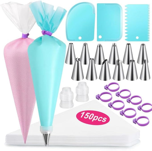 176PCS Piping Bags and Tips Set, Includes 150pcs 12 Inch Anti Burst Piping Bags, 1 Reusable Pastry Bags, 12 Piping Tips, 8 Icing Bags Ties, 3 Cake Scrapers and 2 Couplers