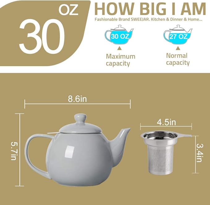 Sweejar Porcelain Teapot with Removable Stainless Steel Infuser,Microwave & Dishwasher Safe Tea Pots for Loose Tea,Tea Infuser Pots for Chrismas Women Gift (30oz Black)
