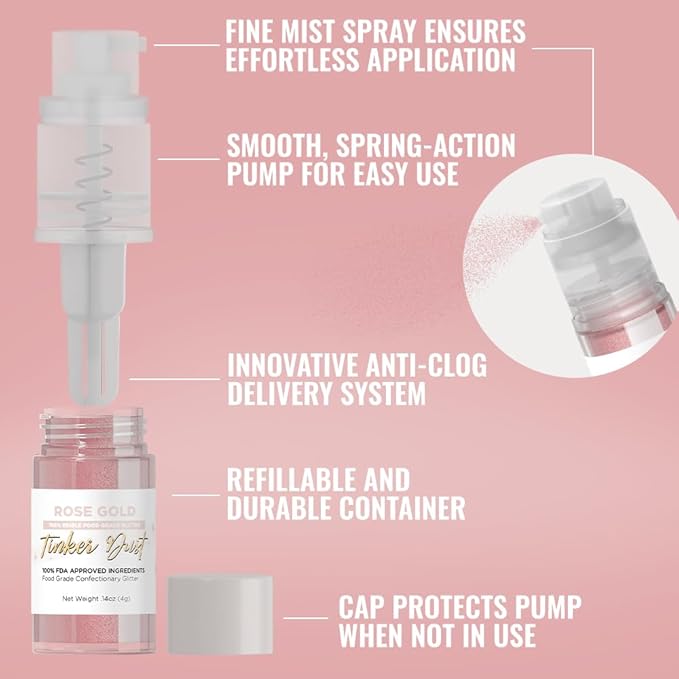 Bakell - Rose Gold Tinker Dust (4g, 1x Mini Spray Pump) Edible Glitter for Food, Desserts, and Beverages!
