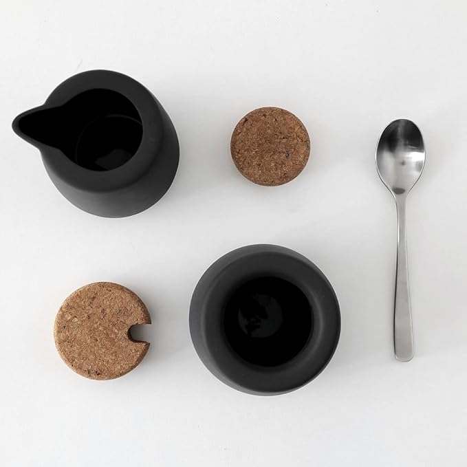 Viva Nicola Charcoal Sugar and Creamer Set, Porcelain Coffee and Tea Serving Set - Cream Pitcher and Sugar Bowl with Cork Lid and Metal Spoon, 7oz / 200ml Milk and Sugar for Coffee Bar