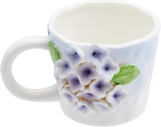3D Flower Coffee Mug Blue Hydrangea Ceramic Cup,12 oz Cute Handmade Mugs,Christmas Birthday Surprise for Friends Family or Flower Lovers (Blue hydrangea)