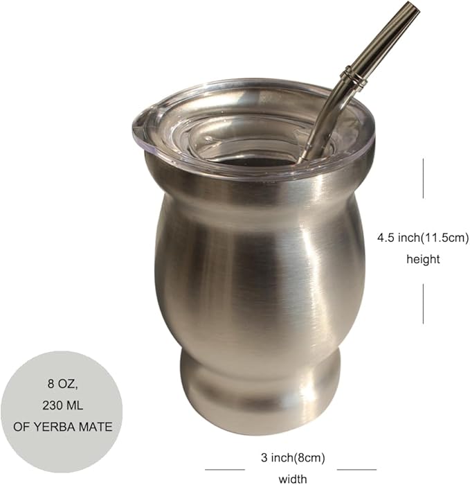 Beruth Bombilla Yerba Mate Gourd, 8oz Stainless Steel Tea Cup Set with Lid, Two Straws and Cleaning Brushes, Double Walled Coffee Mug Heat Insulation Anti Scalding （Bright Silver）
