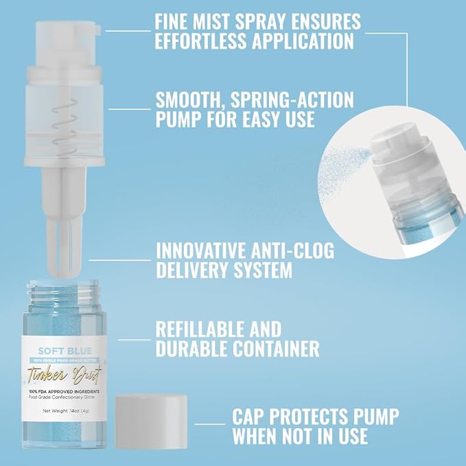 Bakell - Soft Blue Tinker Dust (4g, 1x Mini Spray Pump) Edible Glitter for Food, Desserts, and Beverages!