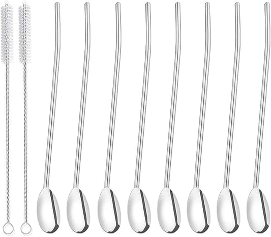 8Pcs Stainless Steel Straws Spoons, Reusable Metall Straws Spoon with 2 Cleaning Brushes,2 in 1 Snow Cone Straws Drinking Reusable Stainless Steel Ice Tea Long Spoons Straws for Cocktail Milkshake