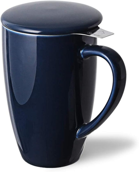 Sweejar Porcelain Tea Infuser Cup with Lid, 16 oz Tea Cup with Strainers for Loose Leaf Tea, Microwave and Dishwasher Safe Coffee Mug, Tea Steeping Mug for Tea Drinkers,Christmas Gift (Navy)