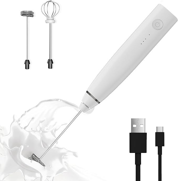 Milk Frother Rechargeable Handheld Electric Whisk Coffee Frother Mixer with 2 Stainless whisks 3 Speed Adjustable Foam Maker Blender for Coffee Matcha Latte Cappuccino Hot Chocolate(White)