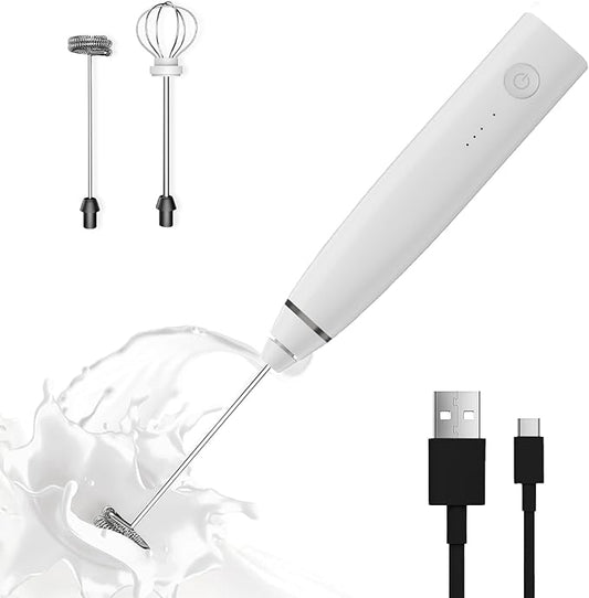 Milk Frother Rechargeable Handheld Electric Whisk Coffee Frother Mixer with 2 Stainless whisks 3 Speed Adjustable Foam Maker Blender for Coffee Matcha Latte Cappuccino Hot Chocolate(White)