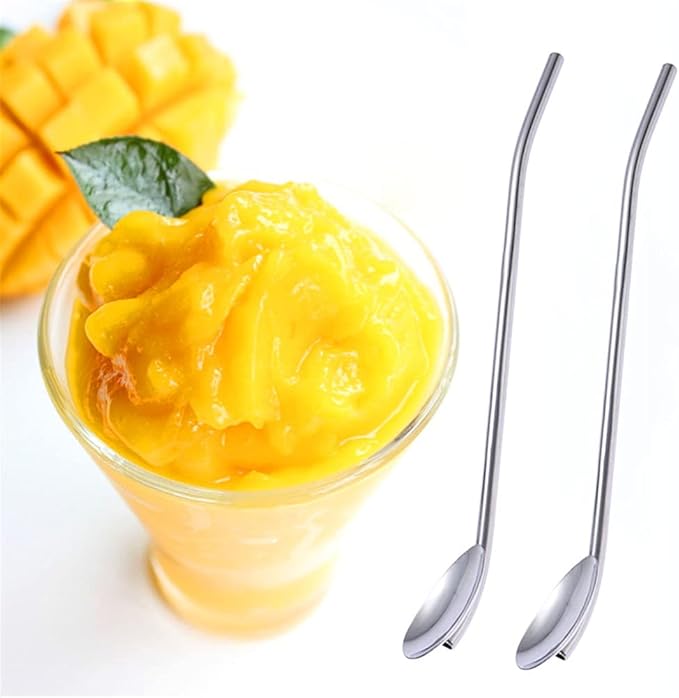 4Pcs Stainless Steel Straws Spoons, 2 in 1 Reusable Snow Cone Drinking Stainless Steel Ice Tea Metall Long Spoons Straws with 1 Cleaning Brushes for Cocktail Milkshake(4)