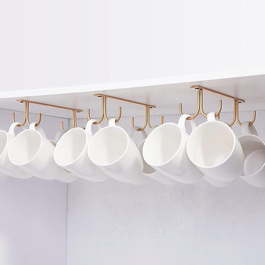 Mug Rack Under Cabinet - Coffee Cup Holder, 12 Mugs Hooks Under Shelf, Display Hanging Cups Drying Hook for Bar Kitchen Utensils Gold