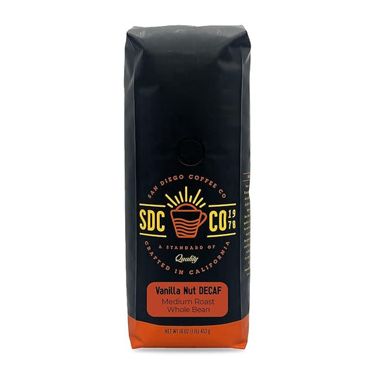 San Diego Coffee DECAF Vanilla Nut, Medium Roast, Whole Bean Coffee, 16-Ounce Bag Café en grano tostado descafeinado