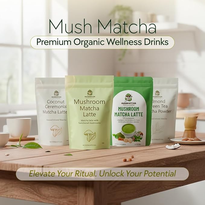 Mushmatcha Ceremonial Coconut Matcha Latte Powder - Organic Green Tea Matcha Powder with Smooth Coconut Cream - Vegan Superfood Drink for Focus & Energy – Dairy-Free, Gluten-Free, 100% Natural – 100g