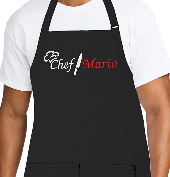Personalized Chef Apron for Men, Custom Embroidered Design, Professional Kitchen Cooking BBQ Grilling for Dad, Decorated in USA