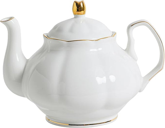 27oz White Porcelain Teapot with Gold Trim, Classic Ceramic Teapot for Loose Leaf Tea & Tea Bags, Elegant Small Teapots for Daily Use or Gifts