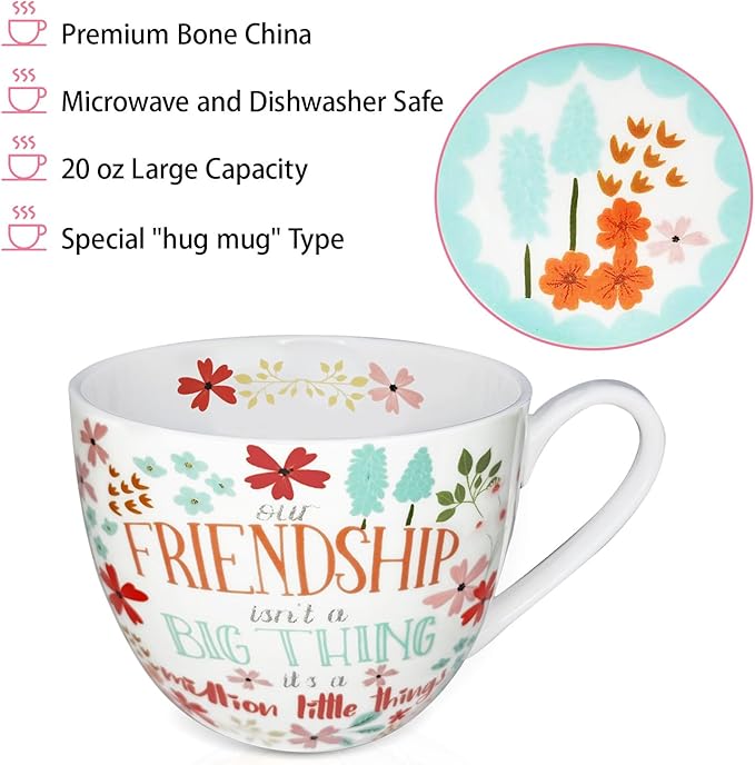 Friendship Coffee Mug, Premium 20 oz Bone China Coffee Tea Hug Mug, Perfect Birthday, Holiday, and Christmas Gift for Women and Female Friends, Designed in England by Harvest Green Studio