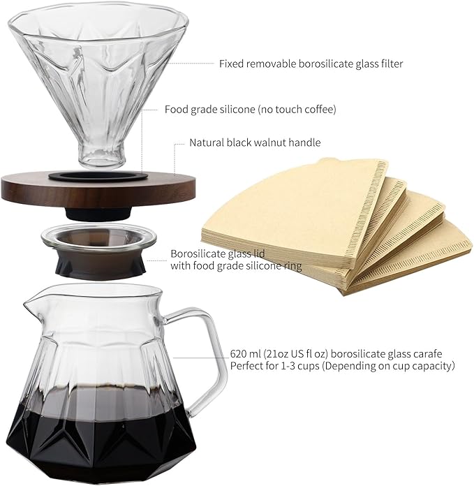 Pour Over Coffee Maker Set, 21 oz/620ml Glass Pour Over Coffee Dripper Filter Coffee Maker Kit Manual Grinder with Walnut Handle for Home Office Cafe Restaurant Camping (Clear)