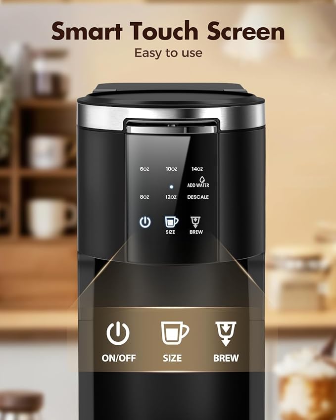Kismile Single Serve Coffee Maker, 2 in 1 Pod Coffee Maker Machine for K-Cup & Ground, 6 to 14oz Brew Sizes, 40oz Removable Water Reservoir, LCD Screen, Self-cleaning, Black