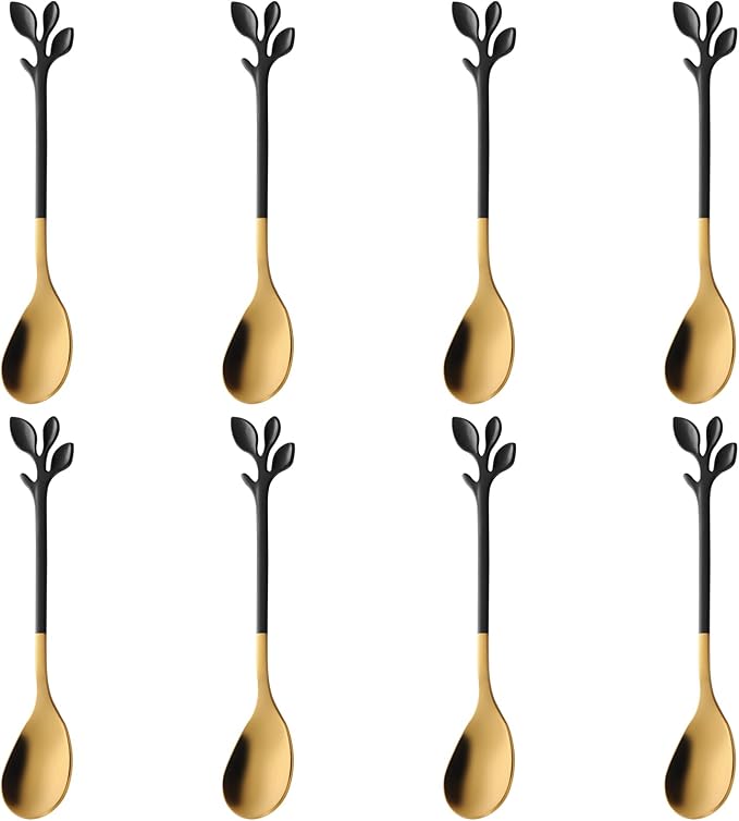 AnSaw 8-Pack Elegant Black & Gold Leaf 4.7" Espresso Spoons - Stainless Steel, Perfect for Coffee, Demitasse, Dessert & Tea, Mini Size for Small Servings