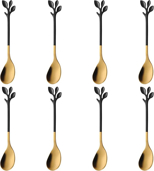 AnSaw 8-Pack Elegant Black & Gold Leaf 4.7" Espresso Spoons - Stainless Steel, Perfect for Coffee, Demitasse, Dessert & Tea, Mini Size for Small Servings