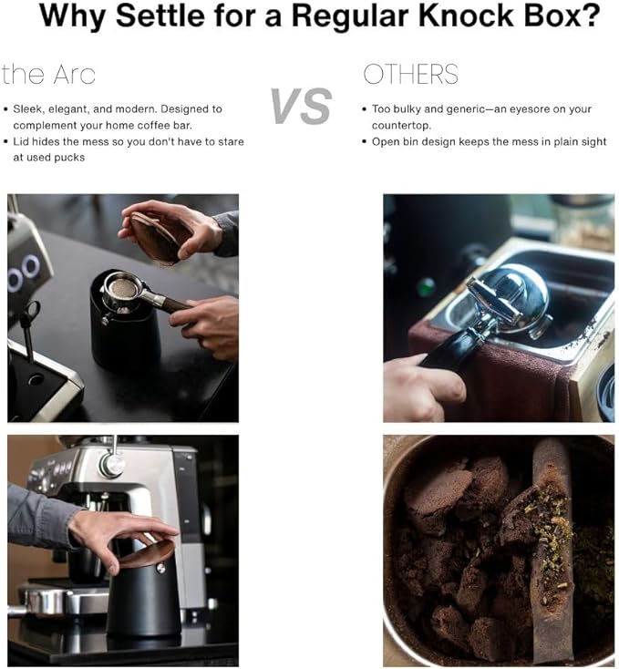Crema Coffee Products Arc Knock Box | Holds 12–16 EspressoPucks|Durable,Stain-ResistantBuild withNon-Slip Base|Elegant WalnutPlastic Lid Design| EasyClean-Up &Moisture Control|BlackPlasticLid Finish