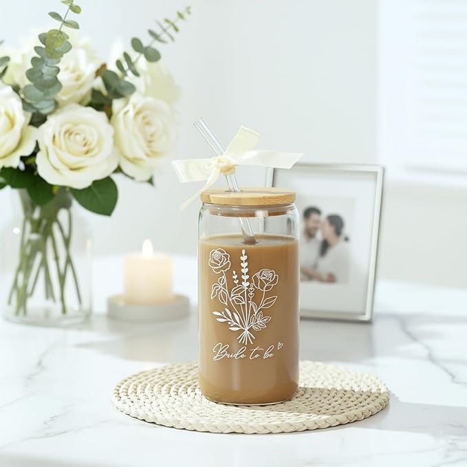 Bride To Be Glass Cup with Lid & Straw-Cute Aesthetic 16oz Iced Coffee Cup Smoothie Tumbler Gift for Engagement Bachelorette Bridal Shower Wedding