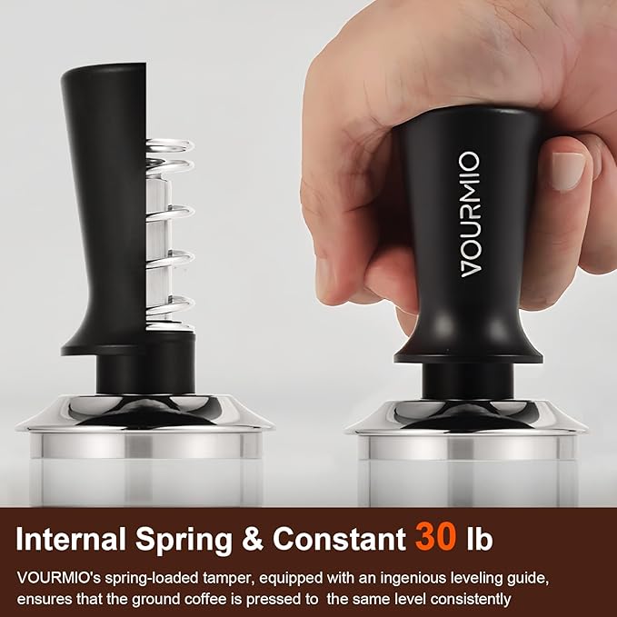 51mm Espresso Tamper - Spring-Loaded Coffee Tamper with Flat Stainless Steel Base, Compatible with All 51mm Portafilter Basket, Professional Barista Accessories, Black