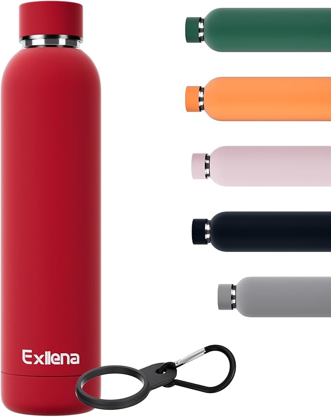Slim Insulated Water Bottles for Travel 25oz with Clip, Double Wall Vacuum Stainless Steel Water Bottle Keeps Drinks Cold 24 Hrs/Hot 12 Hrs, 100% Leakproof, BPA Free（Red）