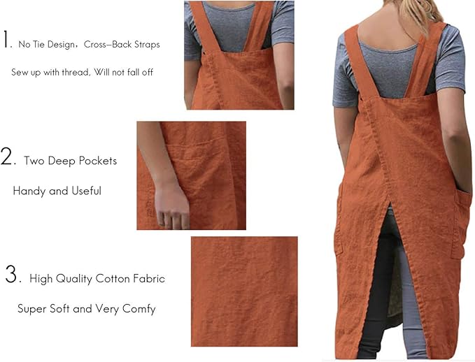 Women's Pinafore Square Apron Baking Cooking Gardening Works Cross Back Cotton/Linen Blend Dress with 2 Pockets