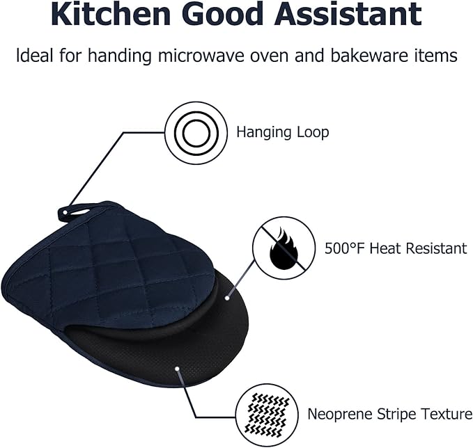1 Pair Short Oven Mitts, Heat Resistant Silicone Kitchen Mini Oven Mitts for 500 Degrees, Non-Slip Grip Surfaces and Hanging Loop Gloves, Baking Grilling Barbecue Microwave Machine Washable