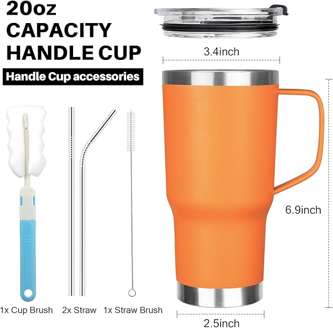 20 oz Tumbler with Handle, Stainless Steel Insulated Tumbler with Lid and Straw, Double Wall Vacuum Coffee Mug Tumbler, Insulated Coffee Thermal Cup for Cold and Hot (Orange, 20 Ounces)